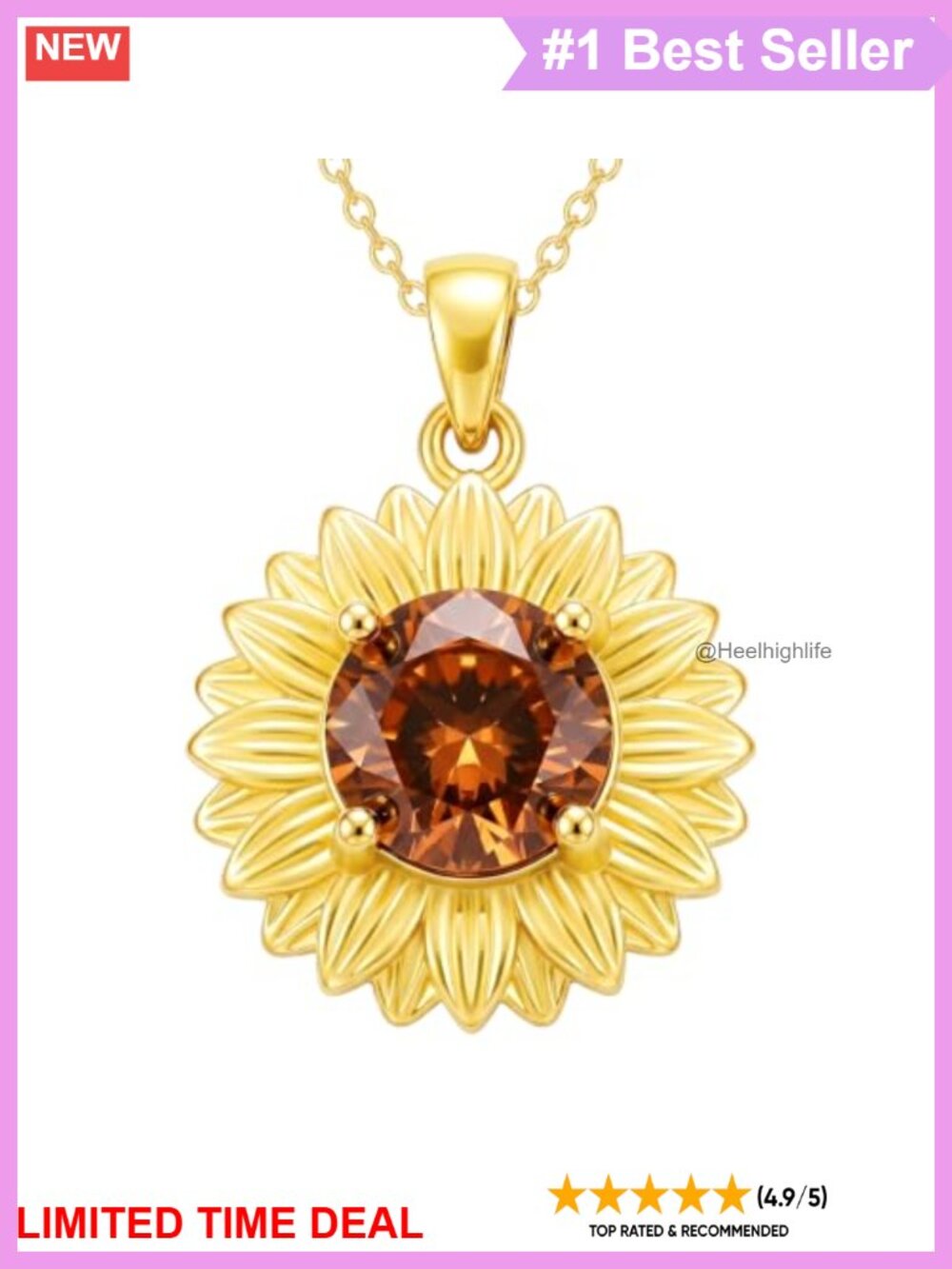 Sunflower Pendant Necklace 925 Sterling Silver Created Smoky Quartz
